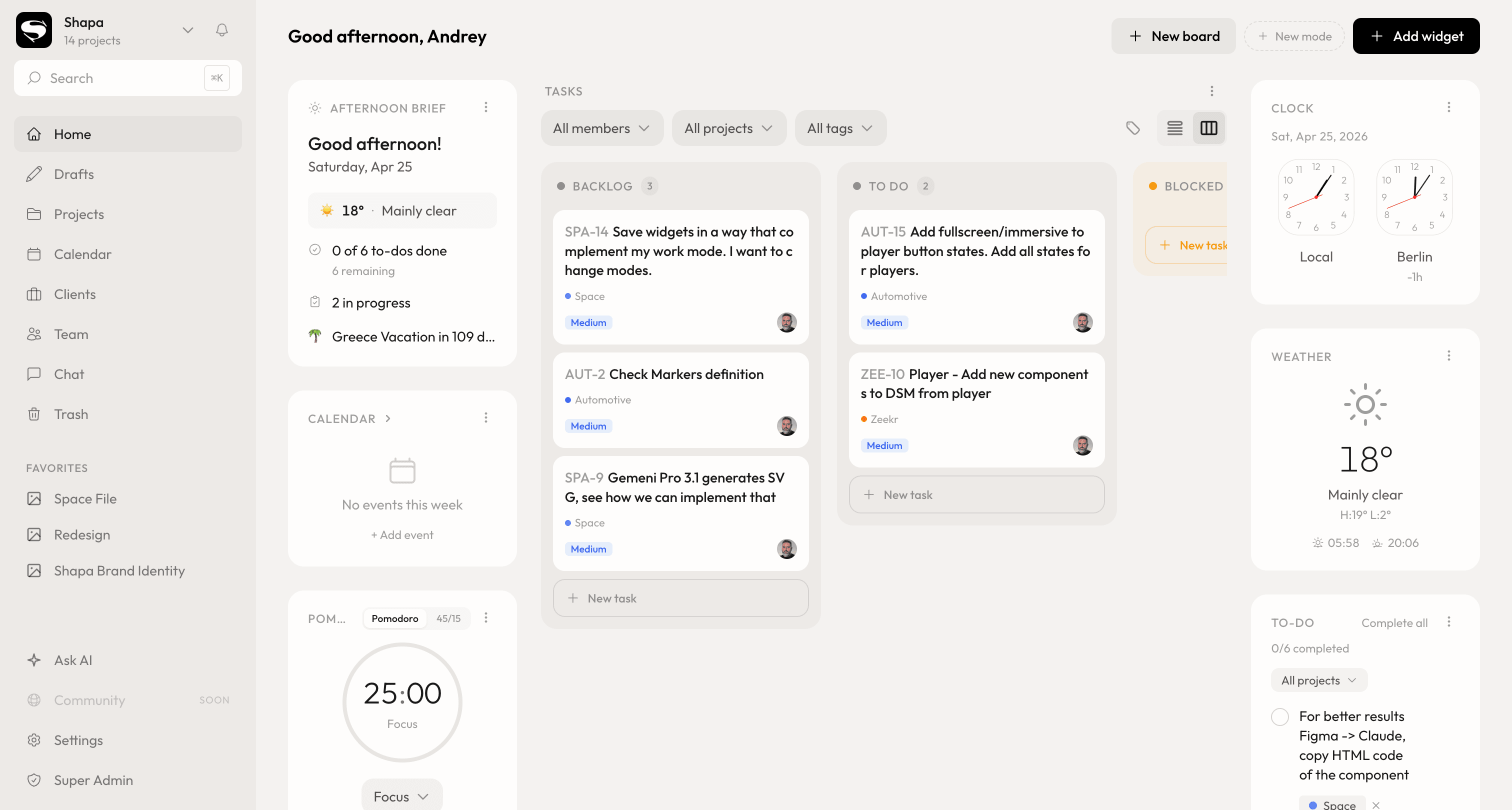 Space — projects, docs, tasks, calendar, and AI in one place